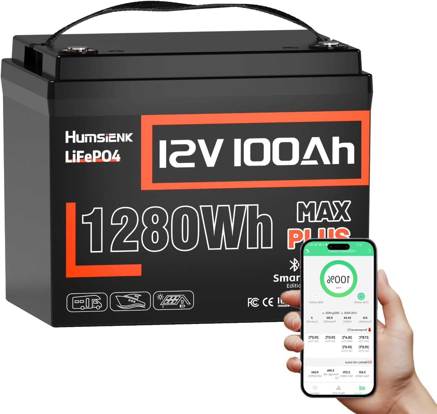 12V 100Ah LiFePO4 Lithium Battery MAX Bluetooth 5.0 IP67, Built-in 110A BMS 15000+ Deep Cycles 1280Wh Lithium Battery, for RVs Marine