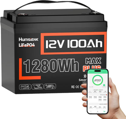12V 100Ah LiFePO4 Lithium Battery MAX Bluetooth 5.0 IP67, Built-in 110A BMS 15000+ Deep Cycles 1280Wh Lithium Battery, for RVs Marine