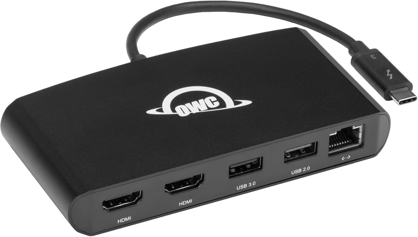OWC Thunderbolt mini Dock, Bus-Powered 5-Port Multi-Adapter with Dual 4K HDMI, Dual USB, Gigabit Ethernet, Integrated 7.2-inch TB Cable, for TB (USB-C) Equipped Mac and PC
