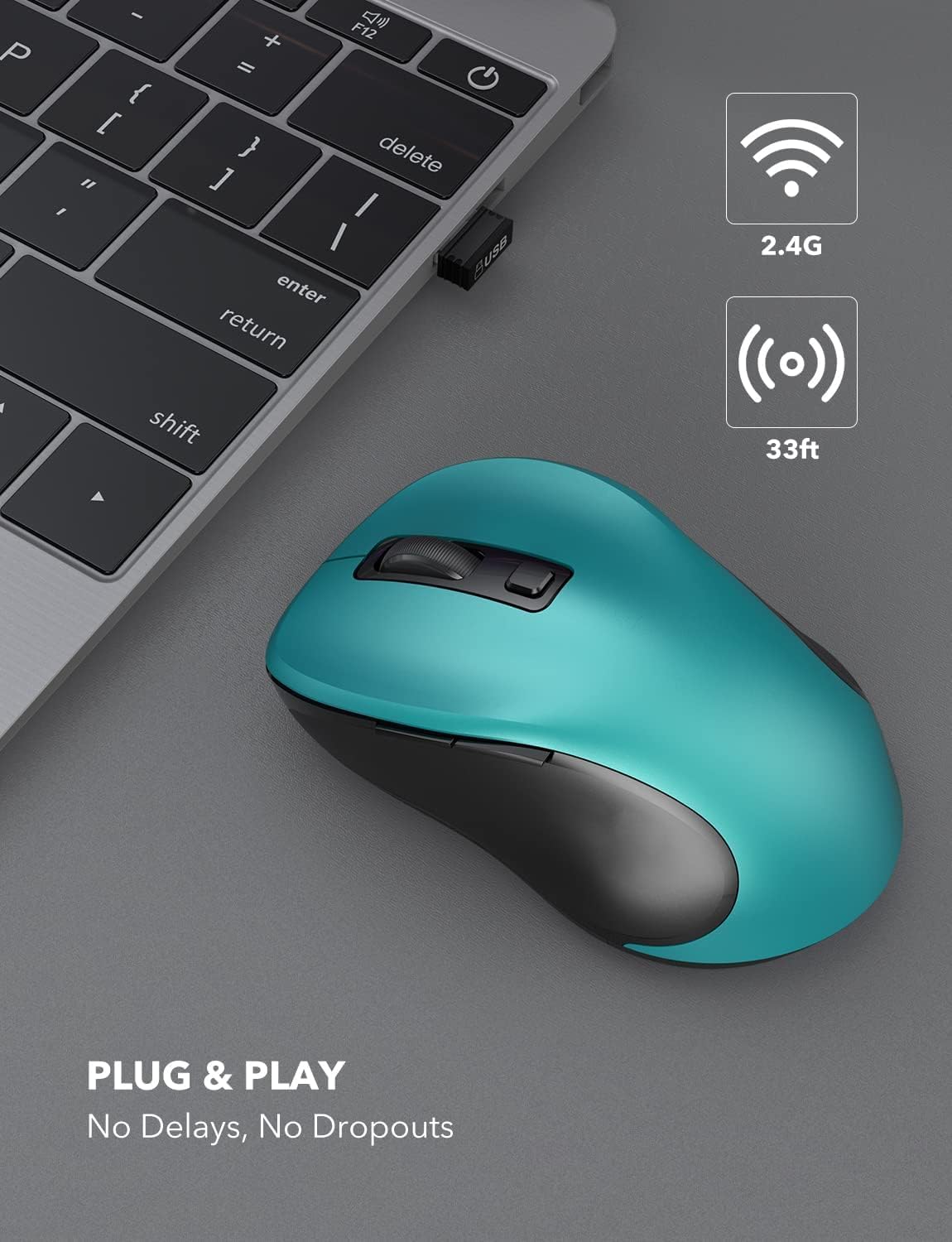 Trueque Wireless Mouse for Laptop, 2.4GHz Ergonomic Computer Mouse with Back & Forward Buttons,3 Adjustable DPI Levels, 6 Buttons, Optical USB Cordless Mice for Windows Chromebook MacBook PC (Teal)