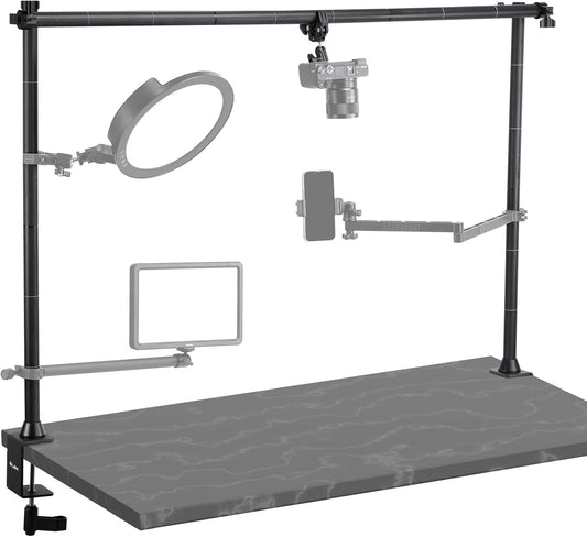 JUSMO LS15 Desk Overhead Camera Mount Rig Top-Down Shots, Professional Aluminum Tabletop Multi-Device Mount Platform for Product Photography/Video Making/Picture Taking/Live Stream and More
