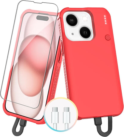 GIN FOXI Fast Charging Battery Case for iPhone 15/15 Pro, 7000mAh 15W Ultra Slim Charger Case Rechargeable Portable Extended Power Bank Case Cover Battery Pack Built-in Cable, Red (6.1”)
