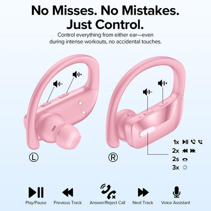 OCC Wireless Ear Hook Sport Earbuds, Bluetooth Headphones with Mic, IPX5 Waterproof, 80H Playtime Earphones, Pink