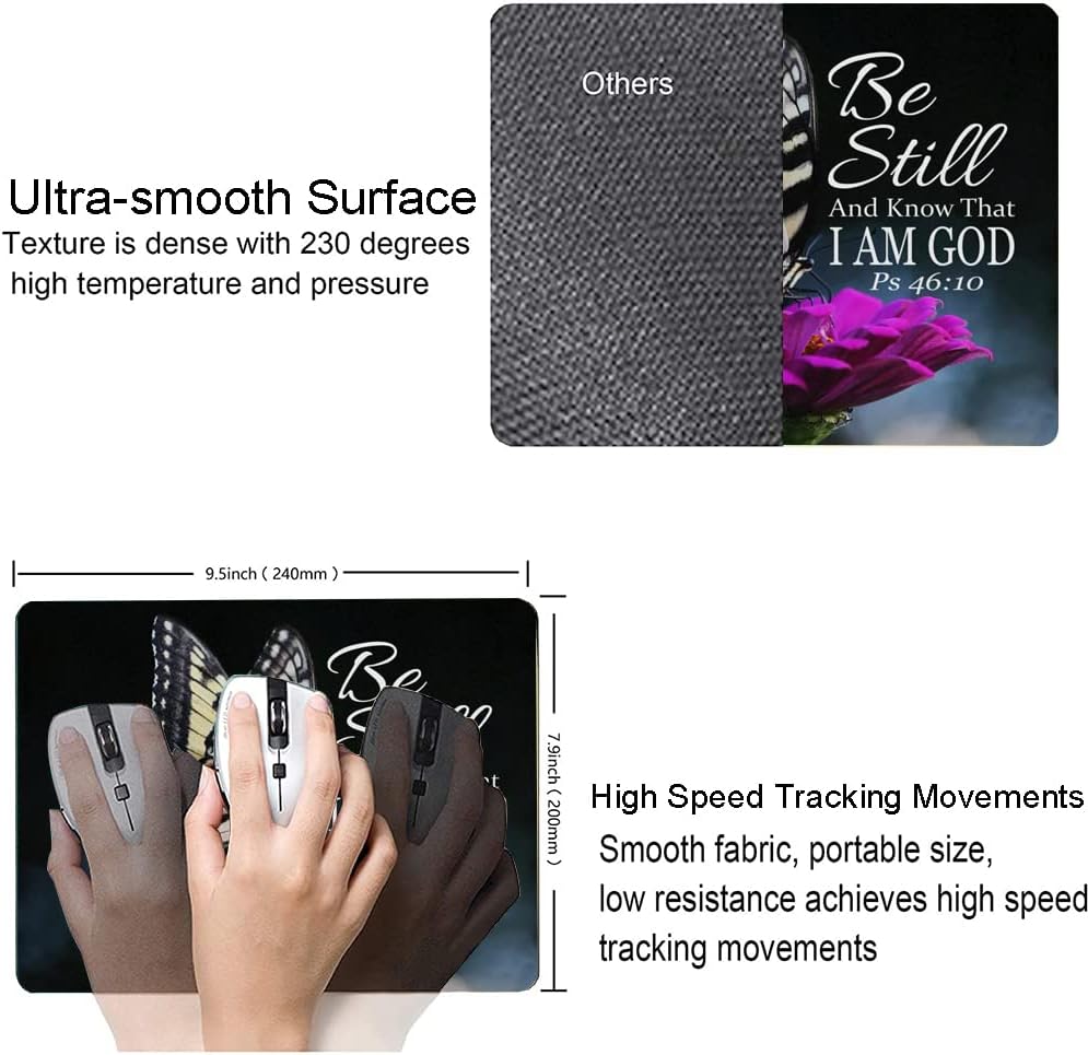 Hokafenle Mouse Pad, Butterfly Mouse Pad with Inspirational Quote Design, Square Waterproof Cloth Mouse Mat Non-Slip Rubber Base Computer MousePads for Office Laptop, Psalm 46:10