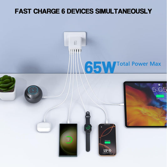 3 Pack 65W GaN Type C Wall Charger Block,6-Port Fast Charging Block,PD USB C Plug Adapter+QC Plug Compatible with Apple iPhone 16E/16Pro Max/16Plus/16/15/14/13/12/11/SE/XS Max,iPad Pro,AirPods(White)