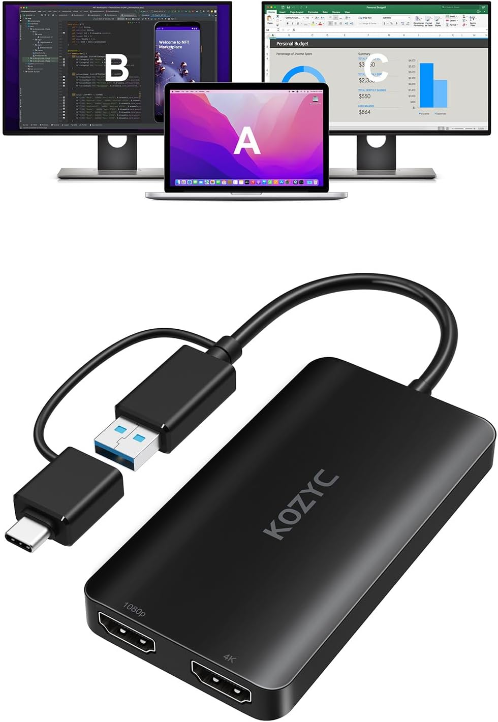 USB 3.0 to HDMI Splitter Extended Display Dual Monitors, USB 3.0-A/C to Dual HDMI Adapter 4K@30Hz+1080p@60Hz Compatible MacBook/MacBook Pro Air Dell (MST Support MacOS/Windows)