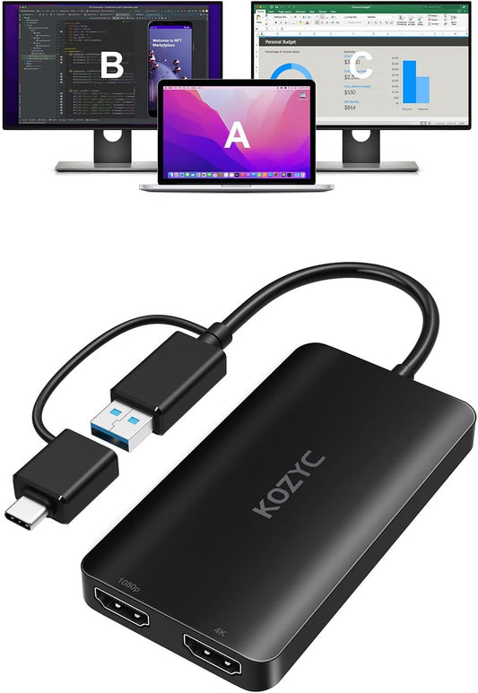 USB 3.0 to HDMI Splitter Extended Display Dual Monitors, USB 3.0-A/C to Dual HDMI Adapter 4K@30Hz+1080p@60Hz Compatible MacBook/MacBook Pro Air Dell (MST Support MacOS/Windows)