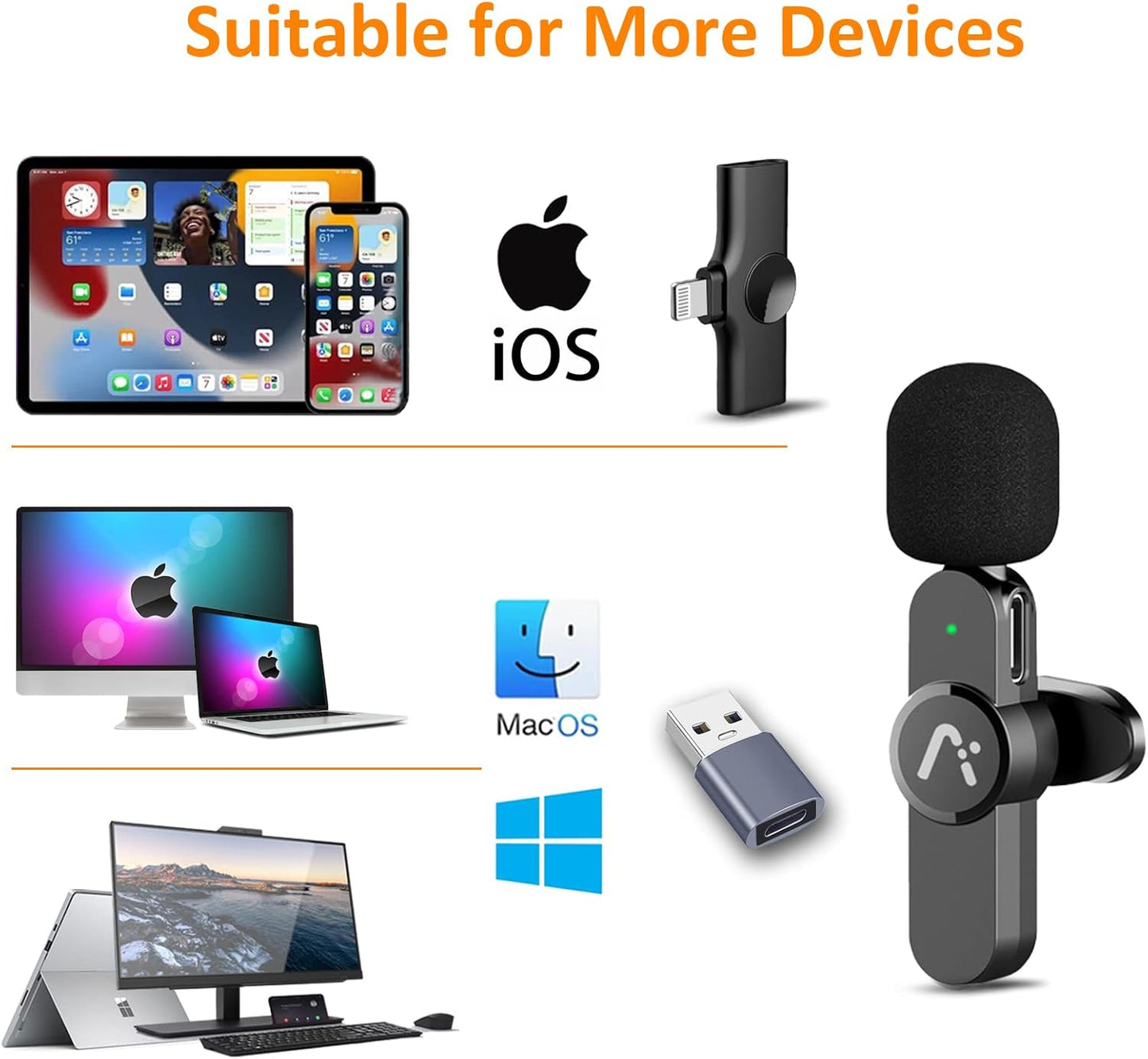 Wireless lavalire Microphone, Clip on Microphones, Hi-Fi Audio, Wireless Mic A3, for iPhone 7-14, Laptop, Zoom Meeting, Video Recording, tiktok