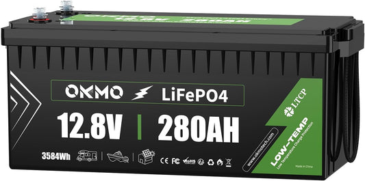 OKMO 12V 280Ah LiFePO4 Lithium Battery Built-in 150A BMS Low-Temp Protection for RV, Solar/Off-Grid Applications, Home Energy Storage, Marine