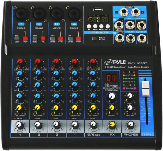 Pyle 6-Channel Professional Audio Mixer - USB - Bluetooth - 48V Phantom Power - Digital MP3 Input - FX 16-Bit DSP - Desk System Interface - PMXU63BT