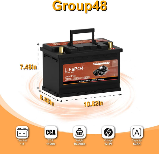 High Performance G48 12V 60AH Lithium Car Start-Stop Battery with 1100CCA and 60 Month Warranty