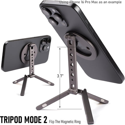 Magnetic Tripod for iPhone 12/13/14/15/16 & MagSafe Cases | Handy Phone Stand | 20 N52 Magnets Inside, Cold Shoe Mount, 1/4" Screw & Foldable Hook