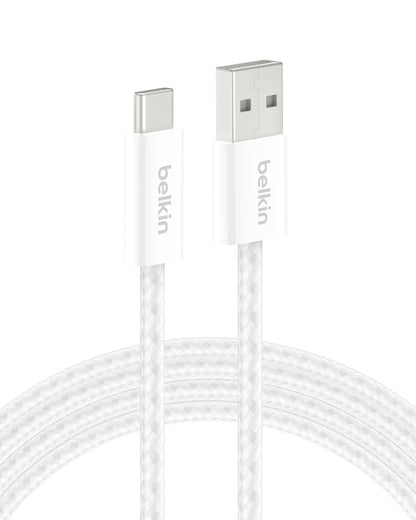 Belkin USB A to USB C Cable, 6.6ft, 15W - Type C Charger, iPhone Charger Cord, Soft, Braided, Flexible for iPhone 16 & 15, Galaxy S25, Pixel 9, iPad Pro, Airpods Pro, Switch & More - White