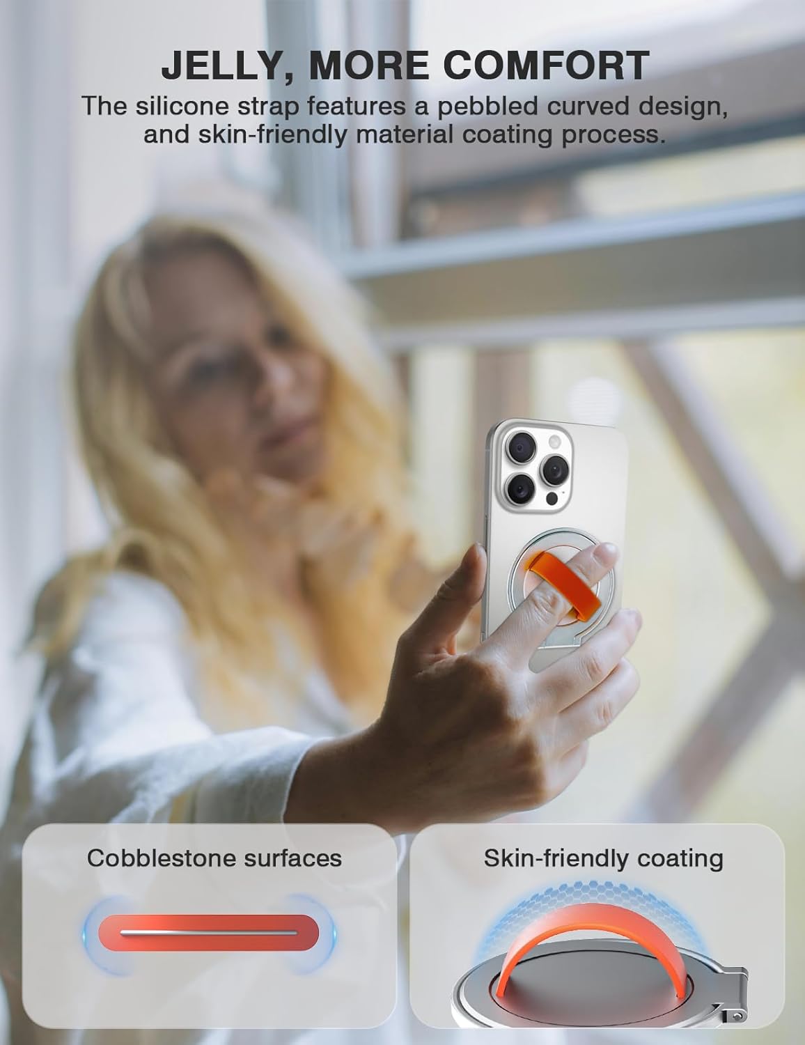 Grat 3 Magnetic Phone Grip Kickstand, [Durable Silicone Strap] 360° Rotatable Phone Loop Holder, Detachable Thin Ring Stand Compatible with Magsafe iPhone 16 15 14 13 12 Pro/max, Silver