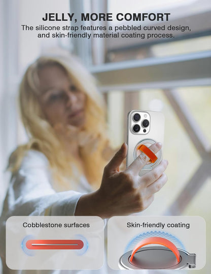 Grat 3 Magnetic Phone Grip Kickstand, [Durable Silicone Strap] 360° Rotatable Phone Loop Holder, Detachable Thin Ring Stand Compatible with Magsafe iPhone 16 15 14 13 12 Pro/max, Silver