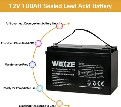 Weize Deep Cycle AGM 12 Volt 100Ah Battery, Maintenance-Free, 3% Self-Discharge Rate, 1150A Max Discharge Current, Perfect for RV, Solar, Trolling Motor, Wind, Marine, Camping and Off-Grid System