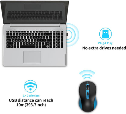 Wireless Mouse for Laptop, PC, Chromebook, Mac, MacBook, Silent Mouse with USB Nano Receiver, Side Button, 2400 DPI, Anti Slip Roller, 6 Button Ergonomics Cordless Computer Mice - Black Blue