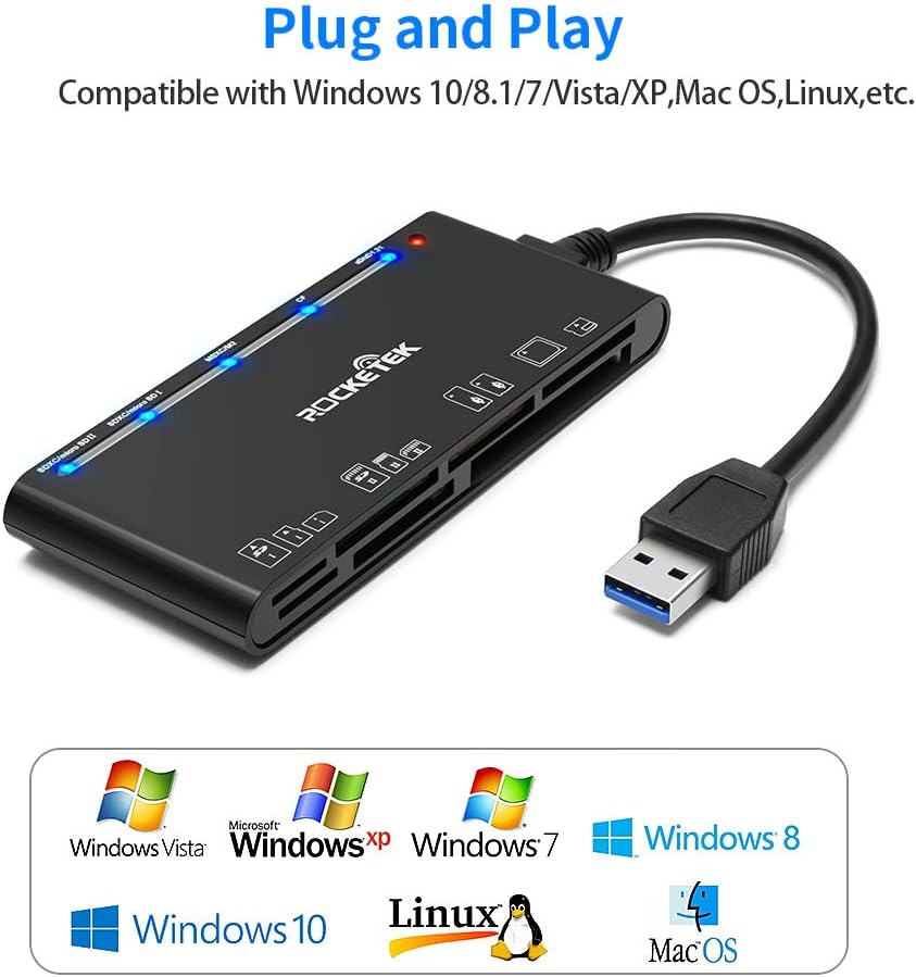 USB3.0 Multi-Card Reader, SD/TF/CF/Micro SD/XD/MS 7 in 1 Fast 5Gbps Memory Card Reader/Writer/Hub for SD SDXC SDHC CF CFI TF Micro SD Micro SDXC Micro SDHC MS MMC UHS-I Cards,for Windows/Linux/Mac OS