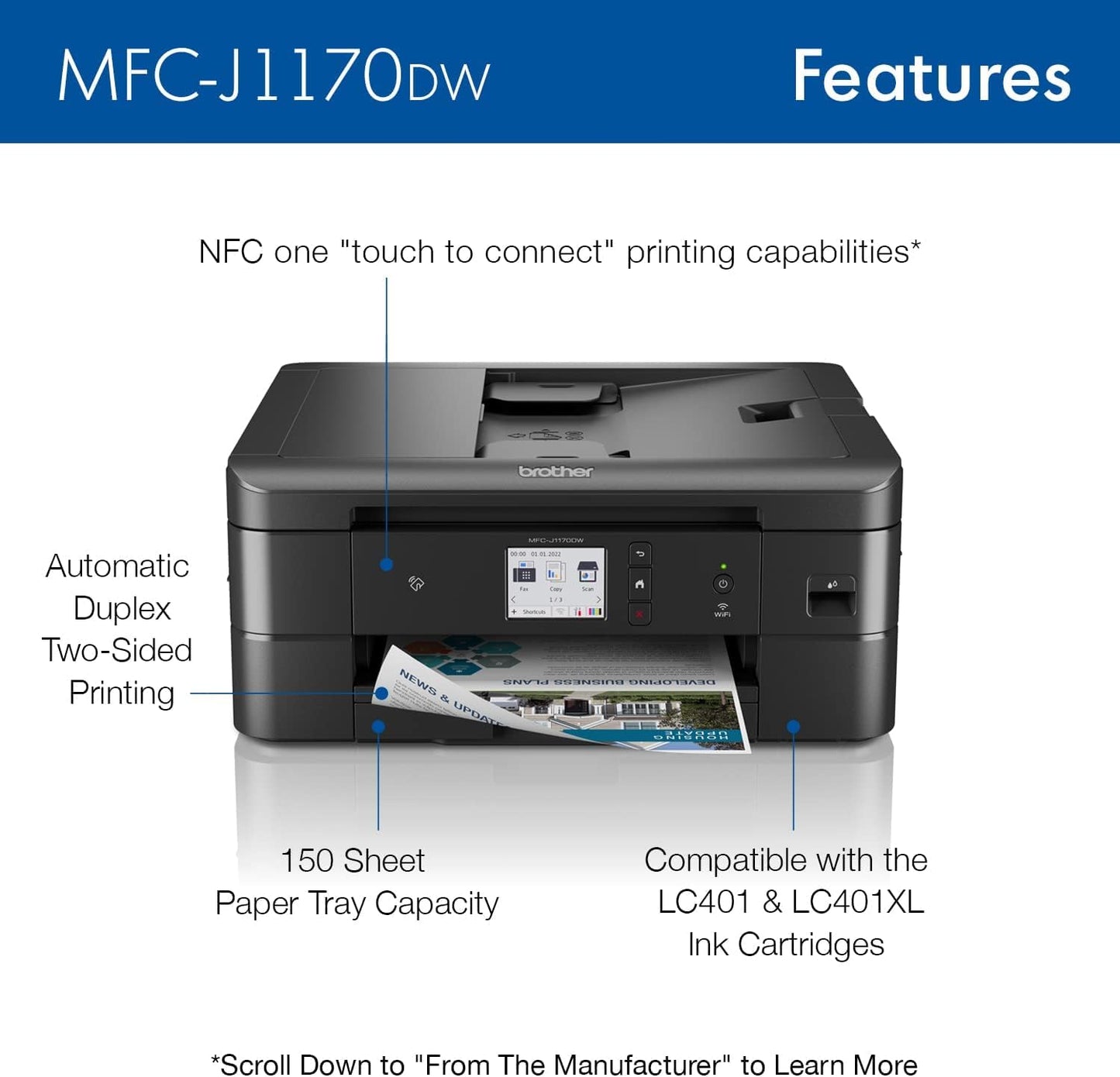 Brother MFC-J1170DW Wireless Color Inkjet All-in-One Printer, NFC One-Touch Print, Duplex, Cloud Print & Scan, Mobile App Control, 2.7" Touchscreen, Works with Alexa