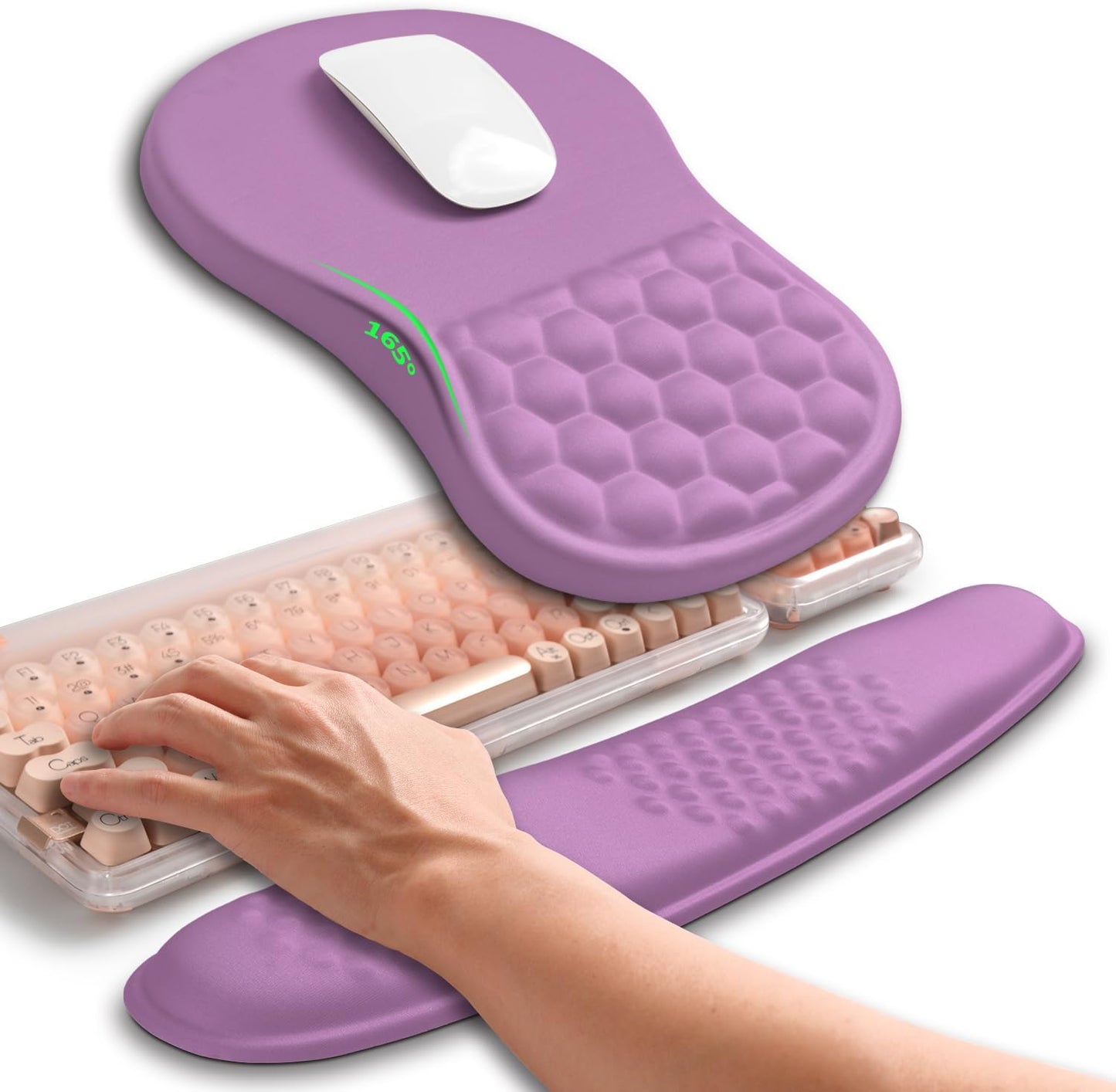Hokafenle 2in1 Combination, Wave Keyboard Wrist Rest and Ergonomic Curvature Mouse Pad Wrist Support for Relieve Wrist Pain, Filled with Soft Cushion Memory Foam, Purple Lilac