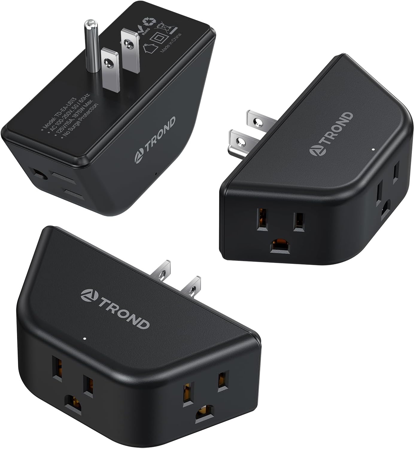 TROND Multi Plug Outlet 3 Pack - Wall Extender with 3-Prong Grounded Sockets, 3 Way Angled Outlet Adapter, Cruise Essentials, Expander for Travel, Home, Hotel, Dorm Room, Black