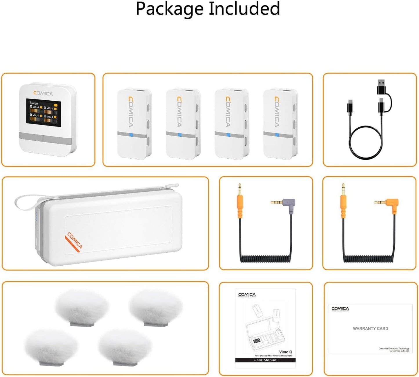 comica Vimo Q Four-Channel Mini Wireless Lavalier Microphone System with 4 Transmitters and 1 Receiver-White