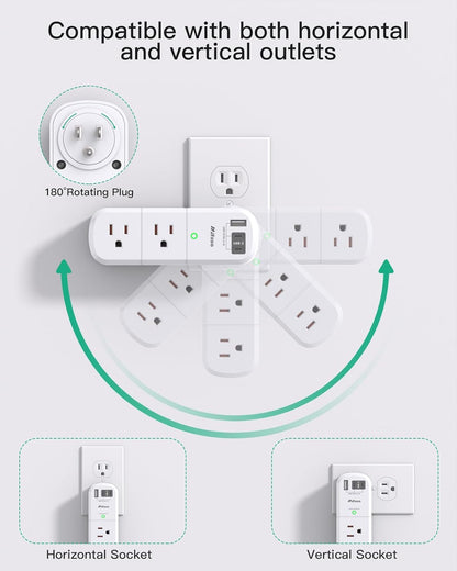 PD30W USB Outlet Extender Surge Protector - with Rotating Plug, 6 AC Multi Plug and 3 USB Ports (2 C), 3-Sided Swivel Power Strip Spaced Splitter for Home, Office, Travel