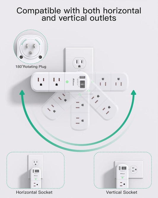 PD30W USB Outlet Extender Surge Protector - with Rotating Plug, 6 AC Multi Plug and 3 USB Ports (2 C), 3-Sided Swivel Power Strip Spaced Splitter for Home, Office, Travel