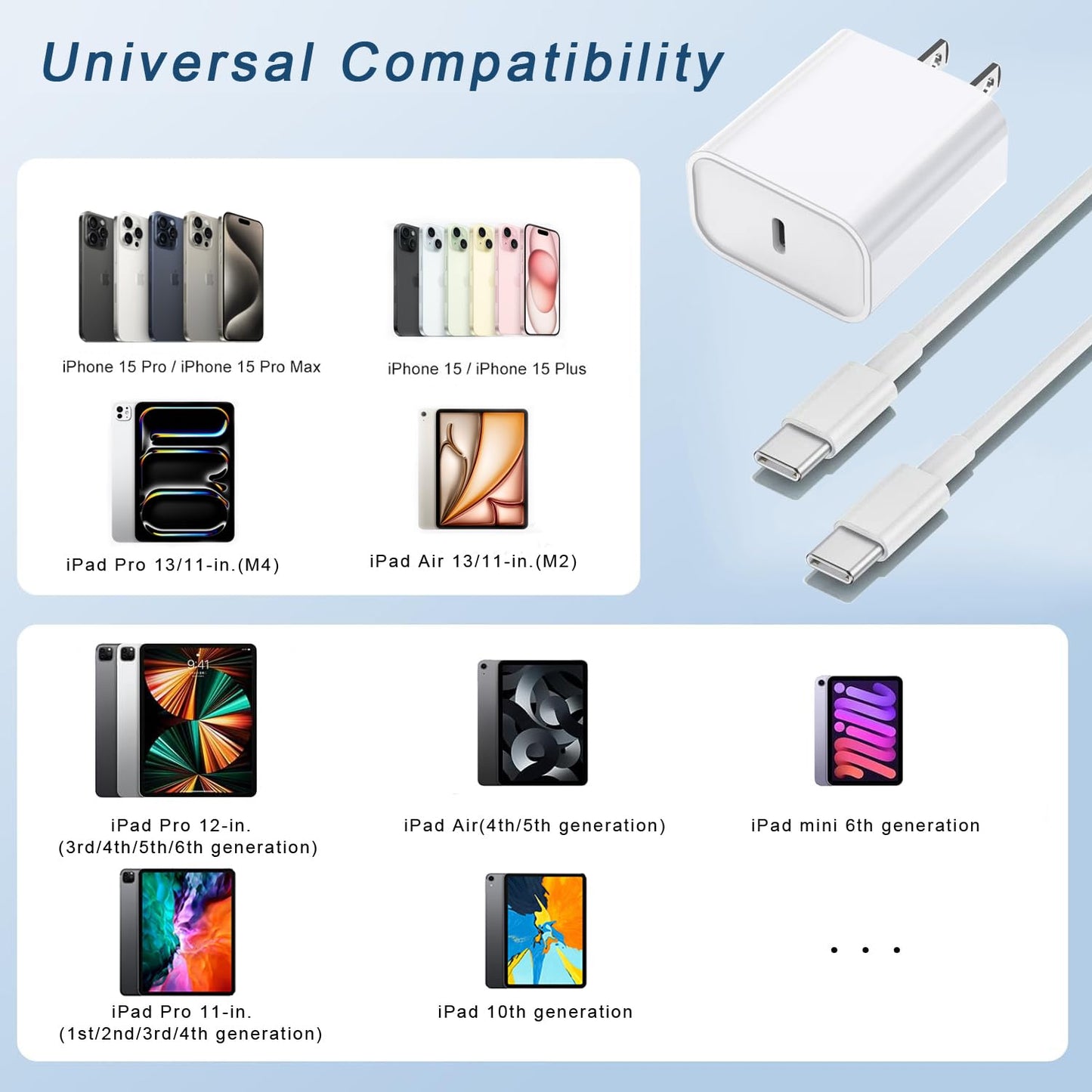 10FT Fast Charging Cord for iPhone 16 15,3Pack Extra Long 10Foot USB C to Type C Charger Cable 20W USB C Charger Block Cube Super Quick Charging for iPhone 16 15 Pro/Plus/Pro/Pro Max,iPad Pro/Air/Mini