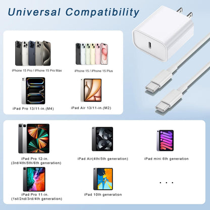 10FT Fast Charging Cord for iPhone 16 15,3Pack Extra Long 10Foot USB C to Type C Charger Cable 20W USB C Charger Block Cube Super Quick Charging for iPhone 16 15 Pro/Plus/Pro/Pro Max,iPad Pro/Air/Mini