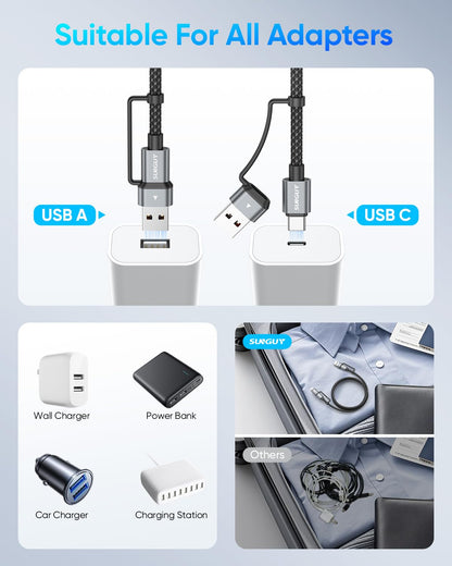 SUNGUY 4 in 1 Charging Cable 6FT [2 Pack], 60W Multi Charging Cable, USB-C/A to Lighting/C Cord for iPhone 16/15/14 Pro/iPad/MacBook/Samsung Galaxy S25/S24/Tablets