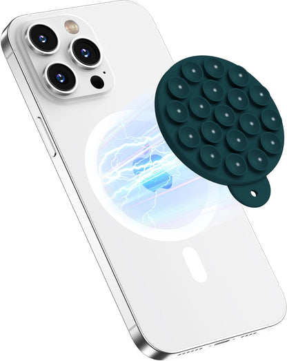 Magnetic Suction Cup Phone Mount for MagSafe Case, Silicone Hands-Free Phone Grip Holder for iPhone and Android, Mirror Shower Phone Stand for Makeup FaceTime Gym Kitchen Bathroom, Dark Green