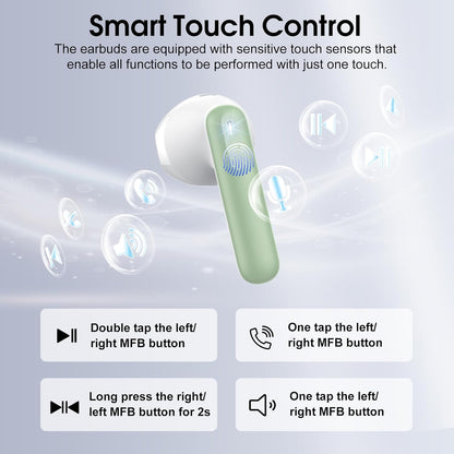 Wireless Earbuds, Bluetooth 5.4 Headphones with 3D Bass Stereo, 40H Ultralight in-Ear Buds, Bluetooth Earbuds with 4 ENC Noise Cancelling Mic, USB-C, IP7 Waterproof Earphones for Android iOS, Green