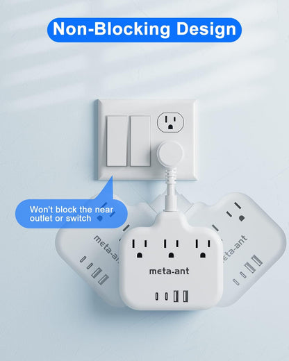 Short Extension Cord 2 inch, Short Cord Power Strip with 3 Outlets 4 USB(2 USB-C) 17W, Flat Outlet Extender, Non-Blocking, Non-Surge Protection for Cruise Travel Dorm Kitchen Bathroom, White