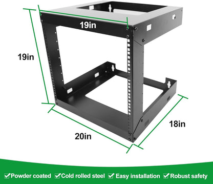 9U Wall Mount Open Frame 19 Inch Server Equipment Rack Wall Mountable Heavy Duty Design - Holds All Networking & AV Gear - Open Frame Includes 2 1U 12in Vented Shelves & Mounting screws (WALL RACK 9U)