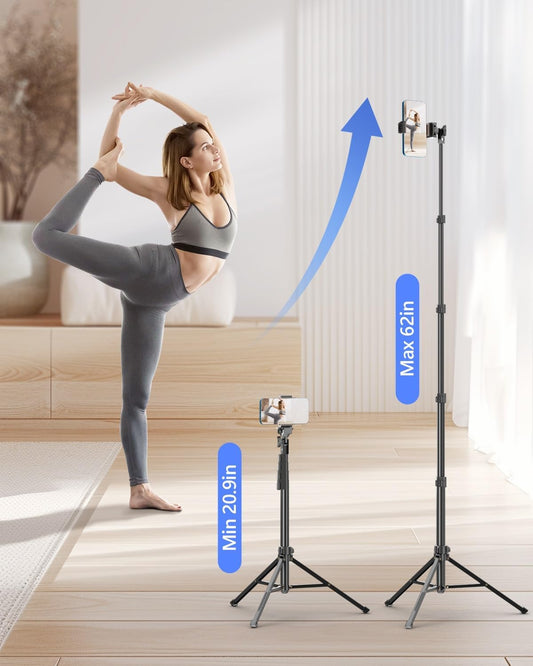EMART 62’’ Cell Phone Tripod Stand, Adjustable Floor Cellphone Tri Pod Holder with Remote for iPhone and Android, Portable Compact Smartphone Selfie Stick for Video Recording Camera Ring Light Filming