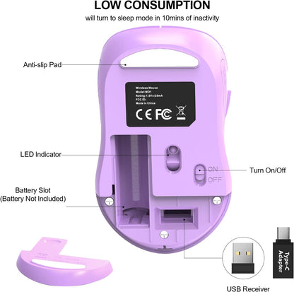 WisFox 2.4G Wireless Mouse for Laptop, Ergonomic Computer Mouse with USB Receiver and Type-C Adapter, 3 Adjustable Levels DPI, 6 Button Cordless Wireless Mice (Violate)