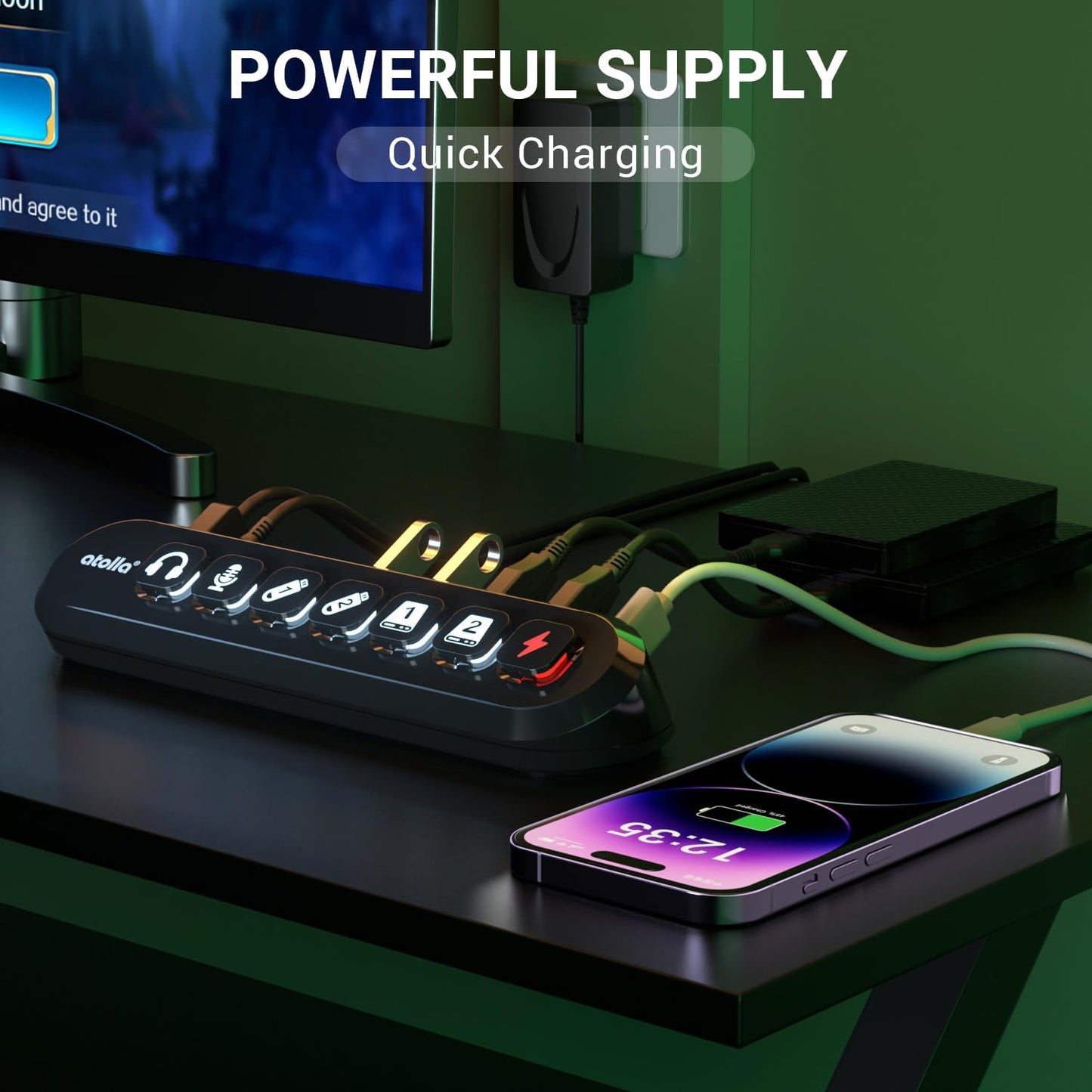 Powered USB Hub, atolla 7-Port USB 3.0 hub (6 Superspeed Transfer Ports+ 1 Fast Charging Port) with Swappable Illuminated Icon Switch and 12V/3A Power Adapter for Windows, MacOS, ChromeOS, Linux