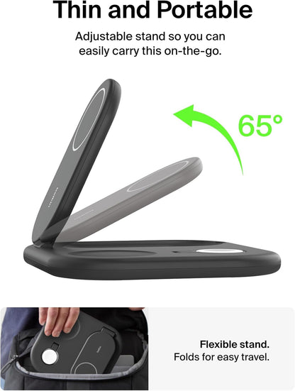 Belkin 3-in-1 MagSafe-Compatible iPhone Charger - Foldable Magnetic Qi2 Certified, MagSafe Charging Station for Phone, Apple Watch, AirPods - Wireless for Multiple Devices