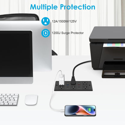 Recessed Power Strip with PD 30W Fast Charging, Conference Desk Flush Mount Outlets Plug in 6 Outlets & 8 USB Ports,3FT Cord Furniture Drawer Outlet Black