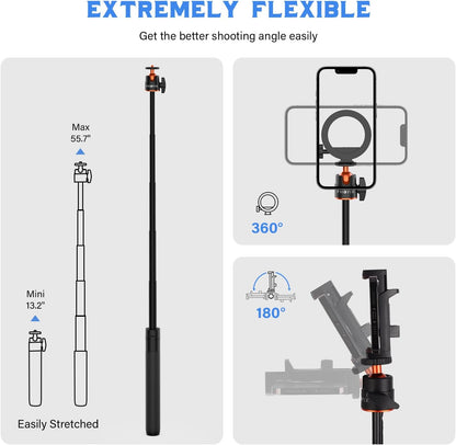 PHOPIK 55" Magnetic Selfie Stick Phone Tripod, Extendable Magnetic Cell Phone Tripod Stand Compatible with iPhone/Android/Sport Camera&Insta 360 x5, Perfect for Video Recording/Selfies/Live Stream
