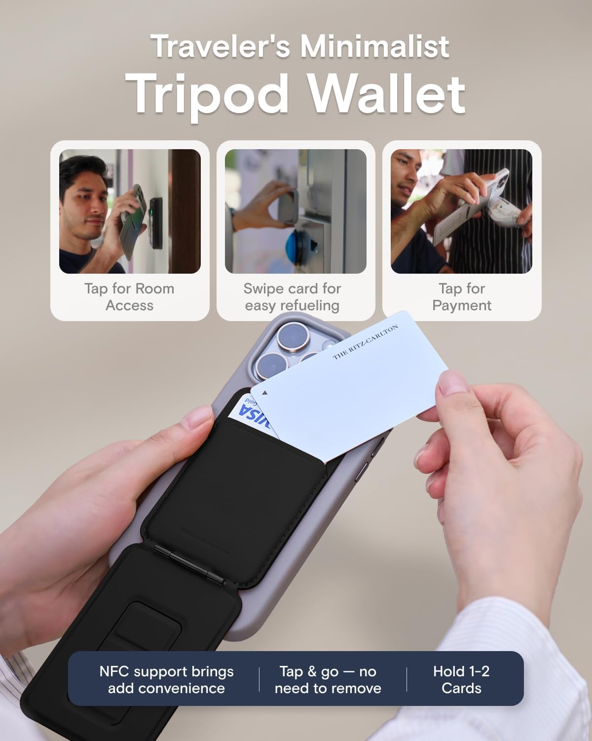 MOFT Phone Tripod Wallet for iPhone, Mulit-Angles, Lightweight & Portable Phone Stand, MOVAS Vegan Leather Magnetic Wallet, Strong Magnets, NFC Card Holder,Travel Essential, Jet Black (With Card Slot)