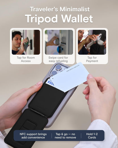 MOFT Phone Tripod Wallet for iPhone, Mulit-Angles, Lightweight & Portable Phone Stand, MOVAS Vegan Leather Magnetic Wallet, Strong Magnets, NFC Card Holder,Travel Essential, Jet Black (With Card Slot)