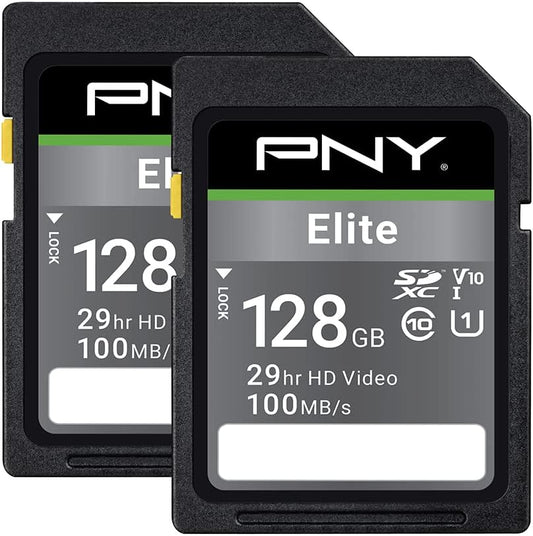 PNY 128GB Elite Class 10 U1 V10 SDXC Flash Memory Card - 100MB/s Read, Class 10, U1, V10, Full HD, UHS-I, Full Size SD (Pack of 2)