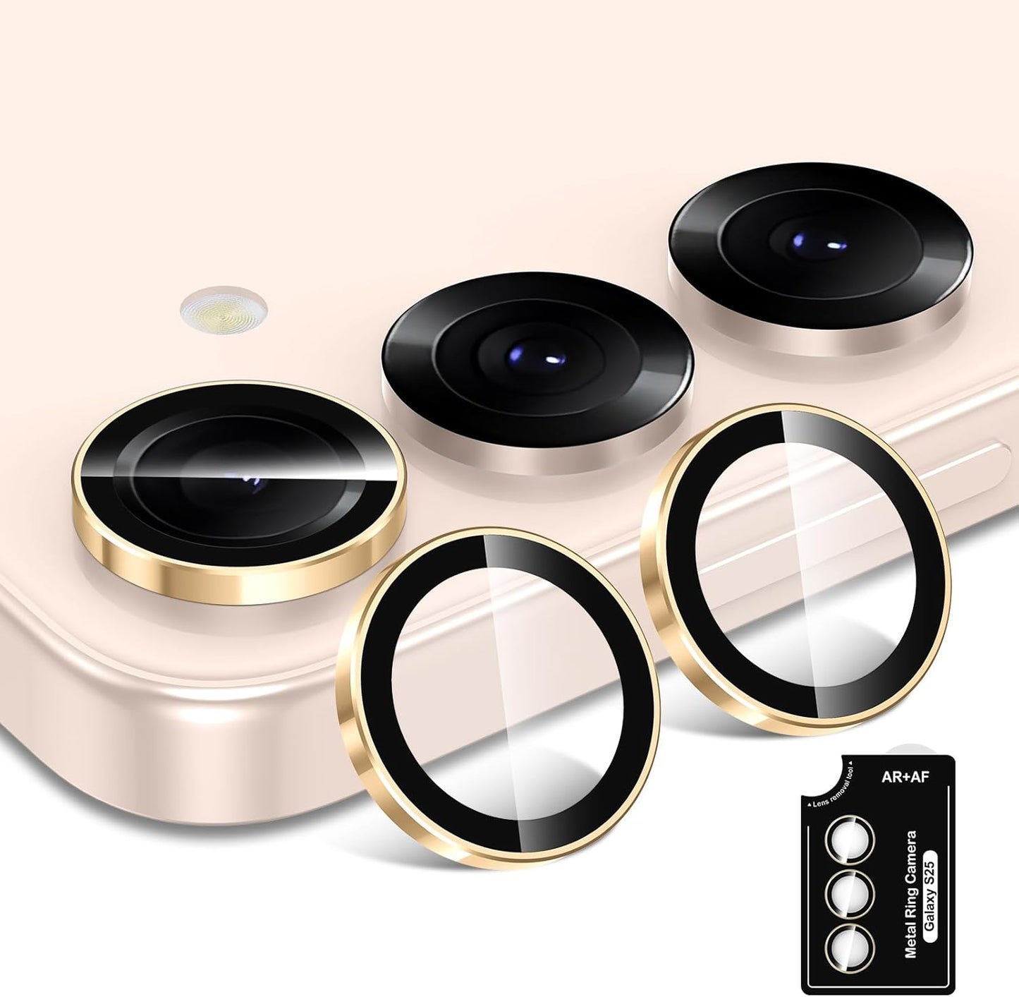 for Samsung Galaxy S25 Camera Lens Protector, Individual Metal Ring Tempered Glass Lens Cover, [Strong Adsorption] Scratch Resistant Ultra-Thin HD Clear Lens Cover, 1 Set-Gold Ring