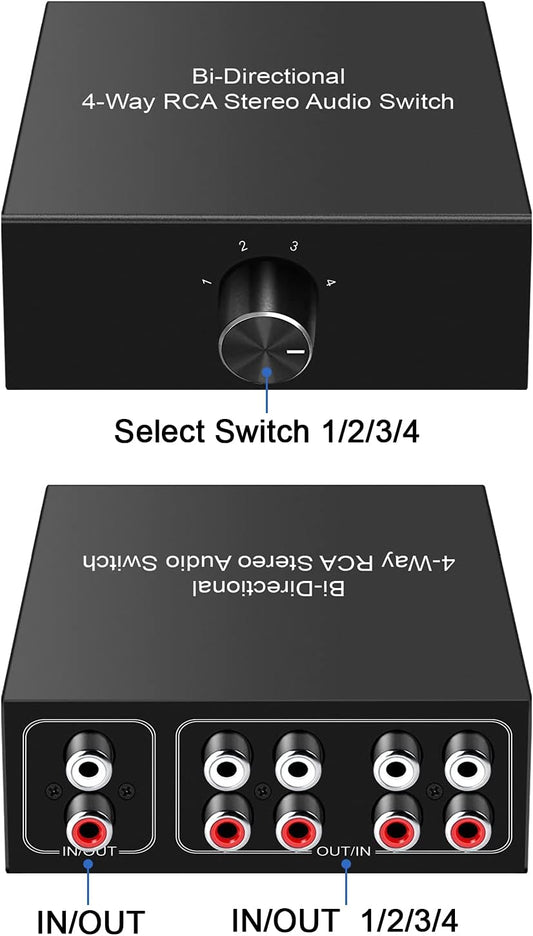 4-Way Stereo L/R Sound Channel Bi-Directional Audio Switcher, 1 in 4 Out or 4 in 1 Out, L/R Sound Channel Audio Switch Splitter RCA Stereo Switch Selector for DVD Stereo Speaker CD Player