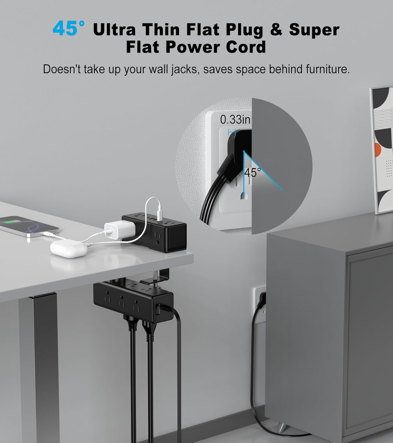 Dual Layer Desk Clamp Power Strip, Desktop Edge Mount Surge Protector with 4 USB Ports(2 USB-C) & 15 AC Outlets, Ultra Thin Flat Plug & 5FT Power Cord for Office Home(ETL Listed)