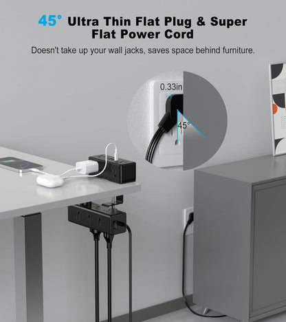 Dual Layer Desk Clamp Power Strip, Desktop Edge Mount Surge Protector with 4 USB Ports(2 USB-C) & 15 AC Outlets, Ultra Thin Flat Plug & 5FT Power Cord for Office Home(ETL Listed)