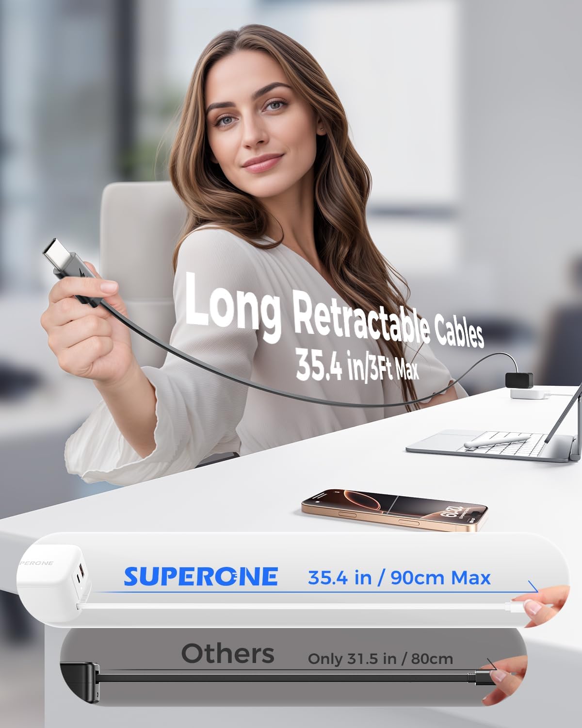 SUPERONE Retractable iPhone charger, 4-Port USB C Charger Block, iPhone Chargers Fast Charging with USB C & Apple Cable, Wall Chargers for iPhones 16/15/14/13/12/11 Series, Pad, Samsung, Pixel - Black