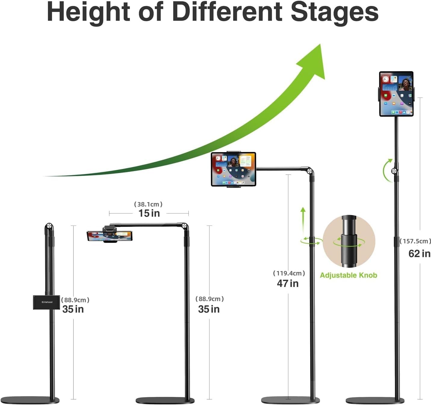 elitehood iPad Stand Floor, Height Adjustable Tablet Floor Stand with Heavy Base, 360° Rotatable Kinlde Holder for Reading in Bed, Fit 4.7''-13'' iPad mini Air Pro, Galaxy Tab, Kindle and Cell Phone